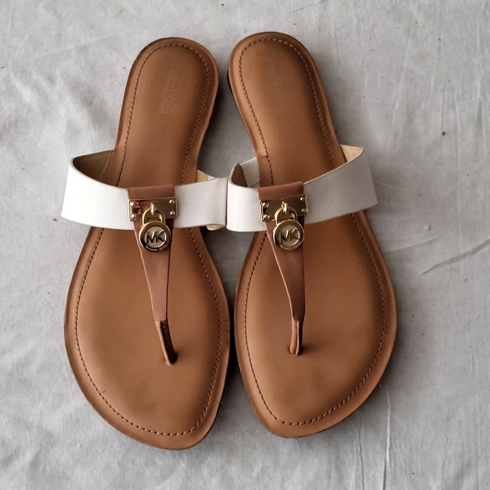 Michael Kors White and Tan Sandals with Gold Hardware